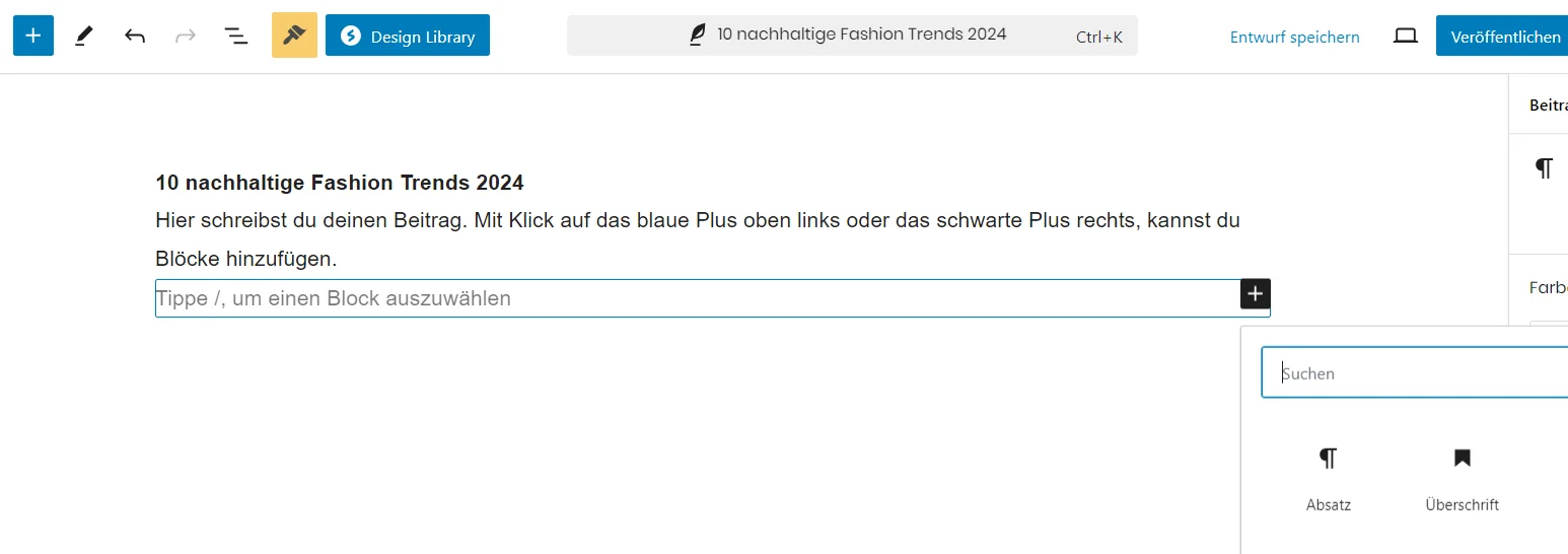 Der Screenshot zeigt den Gutenberg Editor in Action