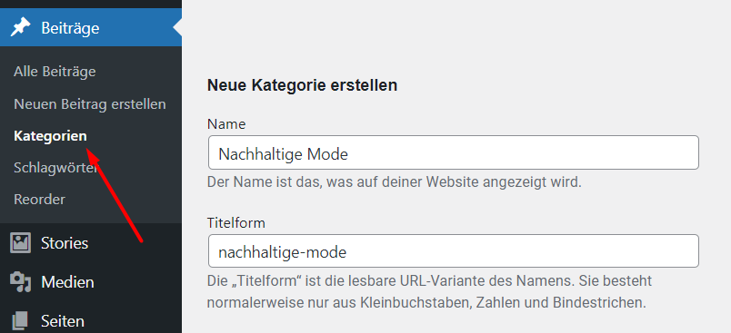 Screenshot davon, wie man eine Kategorie in WordPress erstellt