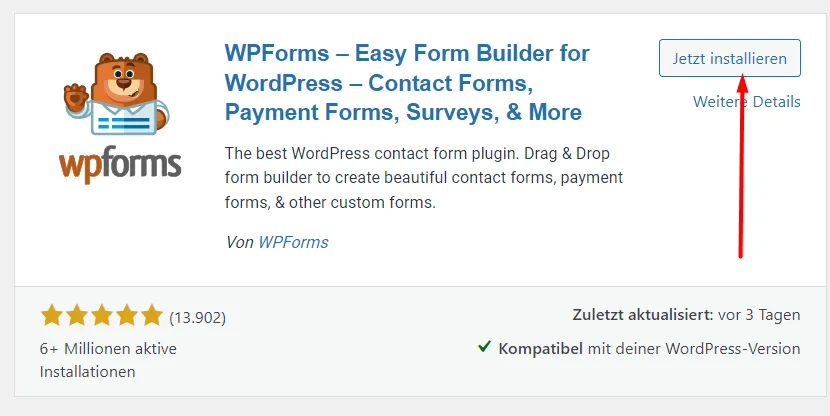 Ein Screenshot vom Installationsbutton eines WordPress Pllugin zur Veranschaulichung der Anleitung