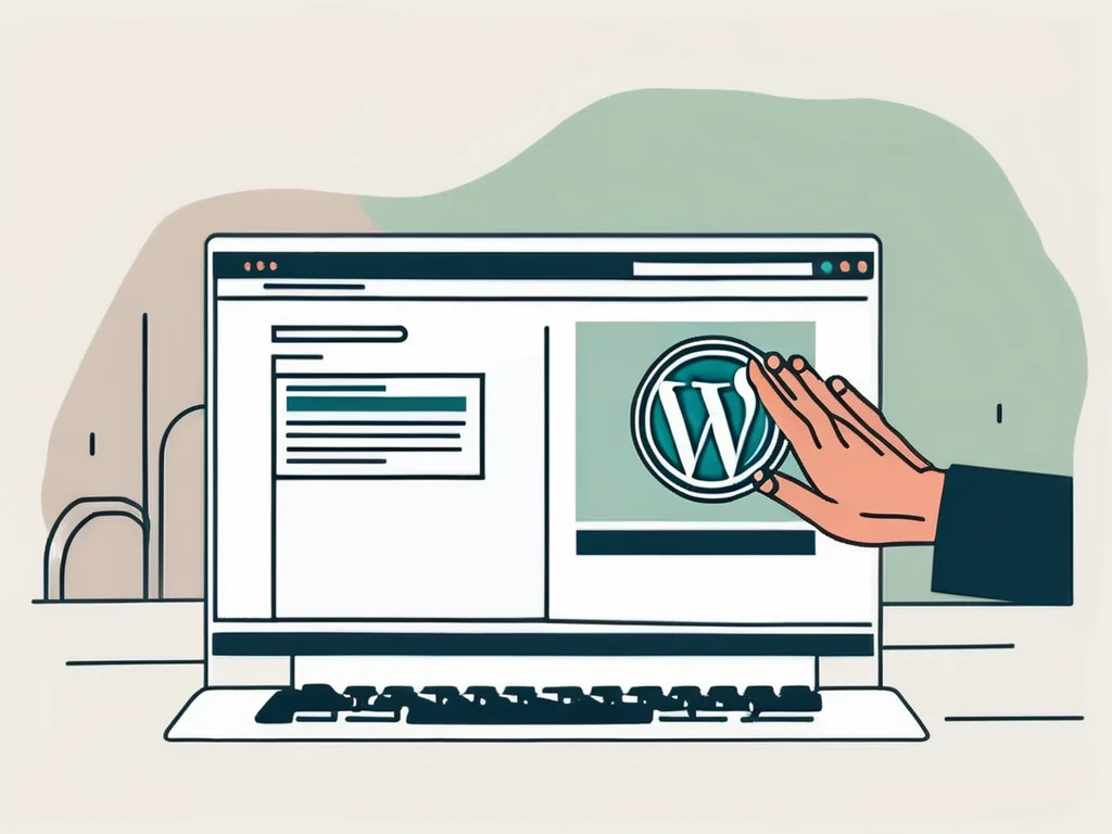 Das Bild zeigt symbolisch einen Laptop, auf welchem das Wordpress Logo zu sehen ist. Ein Hand drückt auf den Bildschirm, was für den WordPress installieren Vorgang stehen soll