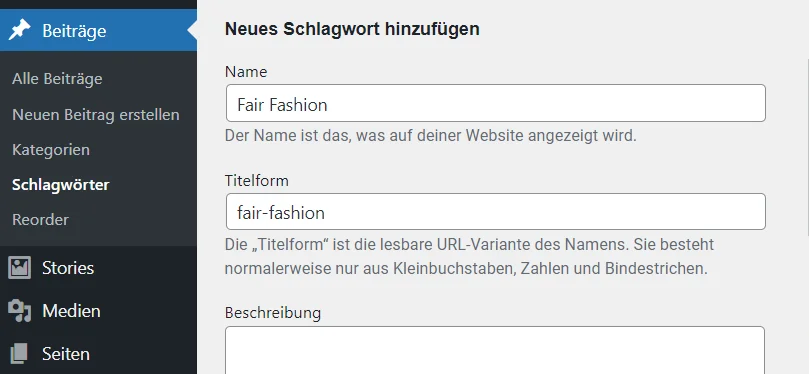 Screenshot vom WordPress Dashboard der zeigt, wie man Schlagwörter (Tags) hinzufügt