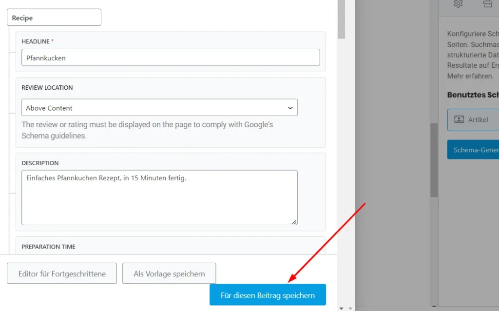 Schema strukturierte Daten mit Hilfe des RankMath Plugins einrichten - Screenshot der Einstellungen