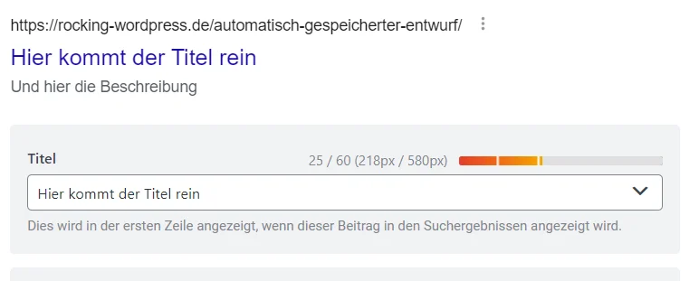 Screenshot des Meta Titels und der Beschreibung in RankMath