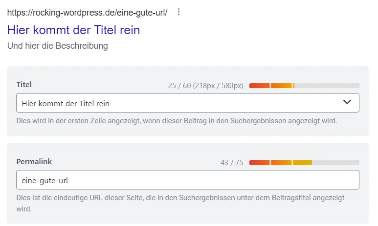 Beispiel Screenshot wie man eine URL mit RankMath in WordPress ändert und optimiert